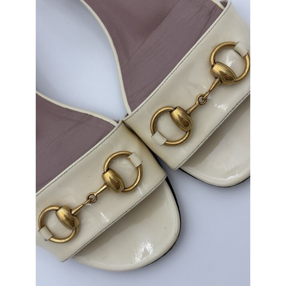 Gucci Horsebit Sandals Cream Patent Leather Size 37 / 7 Adjustable Ankle Strap - Picture 9 of 16